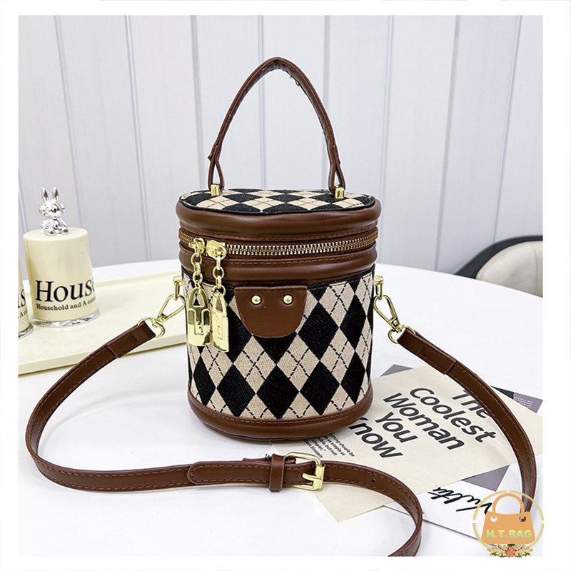 Túi xách nữ đeo chéo tròn thời trang có khóa kéo cổ điển  Túi Bucket hình thoi đan vintage túi đeo chéo