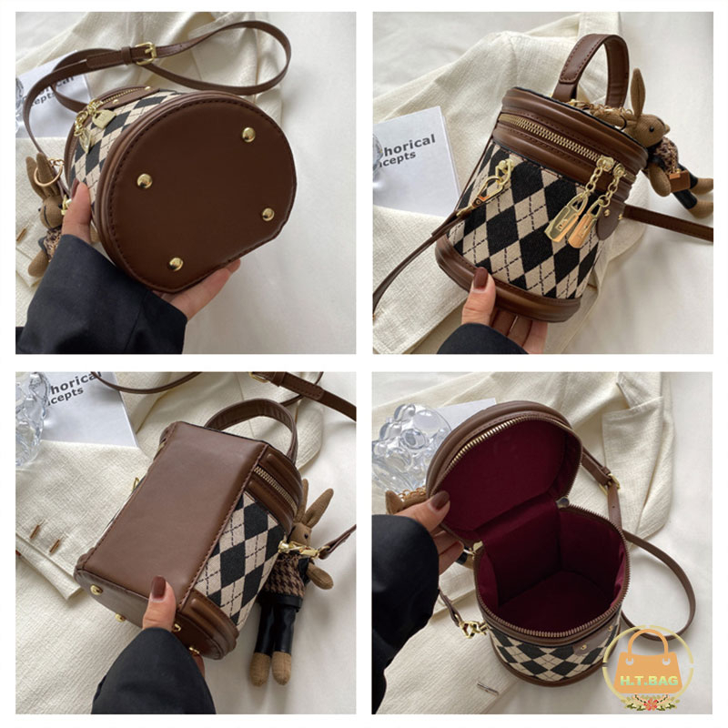Túi xách nữ đeo chéo tròn thời trang có khóa kéo cổ điển  Túi Bucket hình thoi đan vintage túi đeo chéo