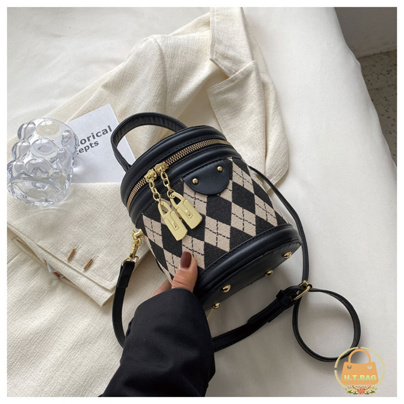 Túi xách nữ đeo chéo tròn thời trang có khóa kéo cổ điển  Túi Bucket hình thoi đan vintage túi đeo chéo