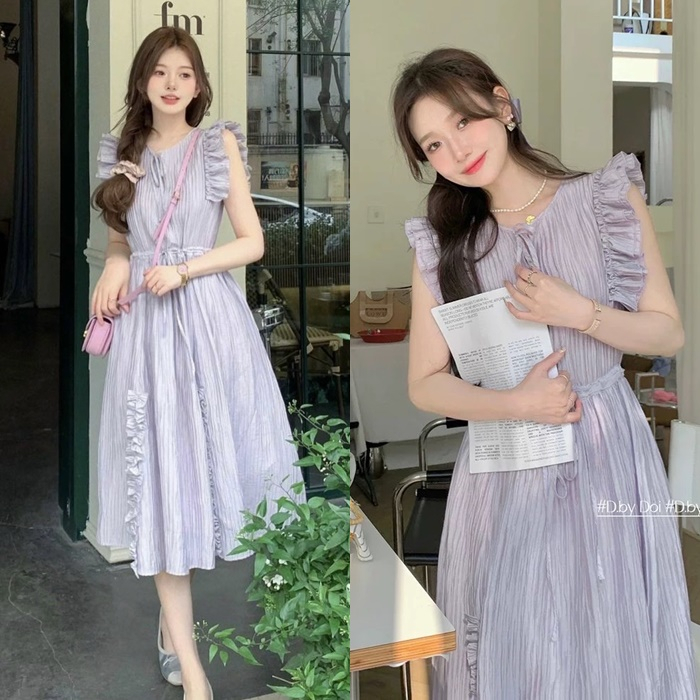 ĐẦM MIDI SUÔNG TRƠN TAY CÁNH TIÊN TÍM PASTEL XẾP LY XÒE NHẸ TIỂU THƯ NỮ TÍNH ĐI CHƠI ĐI TIỆC DẠO PHỐ ĐI BIỂN