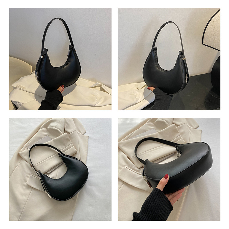 Túi xách nữ kẹp nách kiểu yên ngựa da trơn có khóa kéo thời trang, có hai màu đen và trắng
