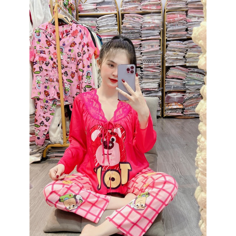 Bộ ngủ Gấu Toy cổ tròn phối ren dài và ngắn tay,TK lụa tơ.tằm của 2CE