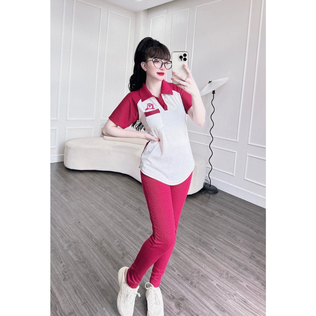 Set Thun Gân Nữ Cổ Bẻ - Áo Phối Màu - Logo Gấu Hồng Thêu Nhỏ - SP In Hình