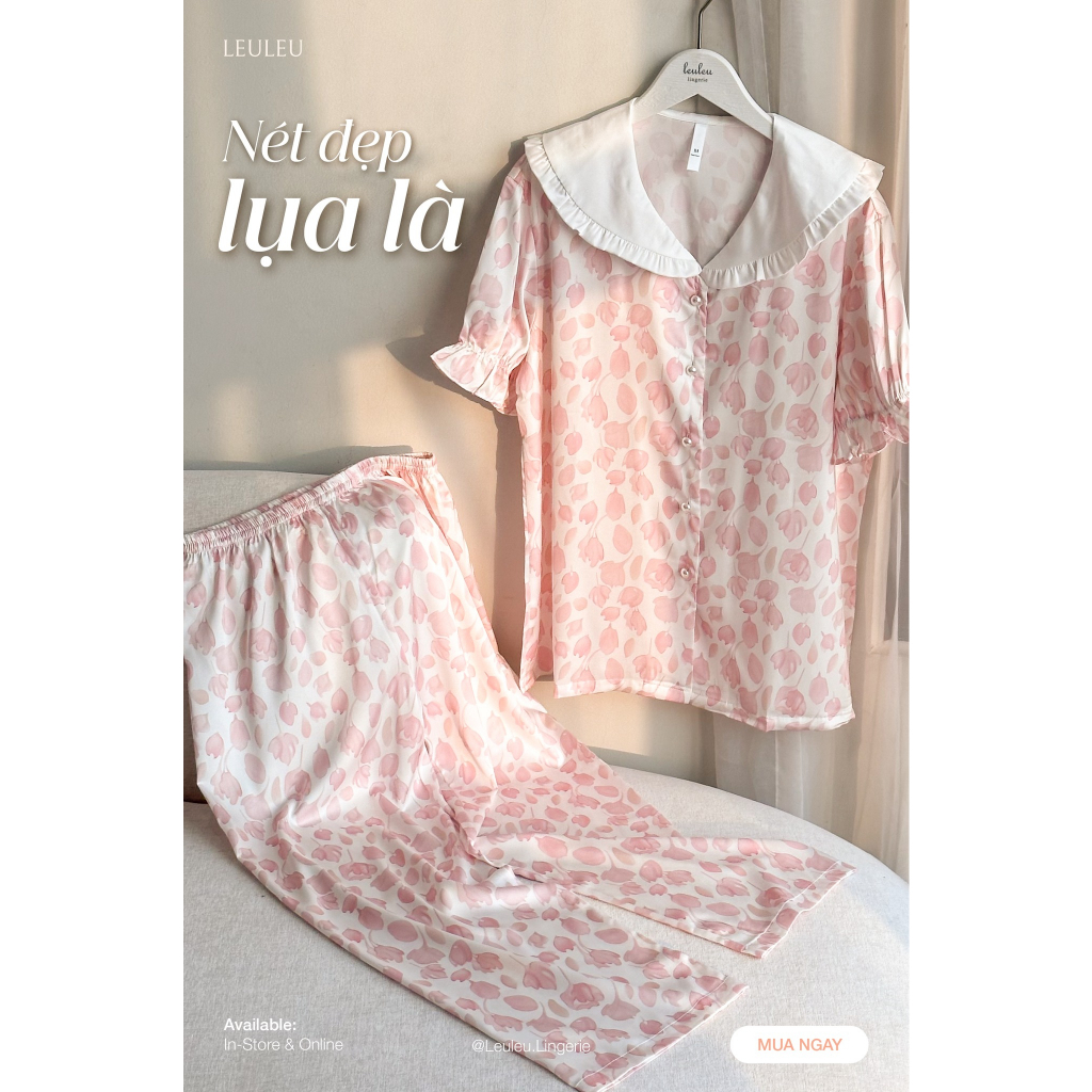PYJAMAS LỤA CAO CẤP TAY NGẮN QUẦN DÀI CỔ BÈO NHÚN HỌA TIẾT XINH XẮN LEULEU.LINGERIE