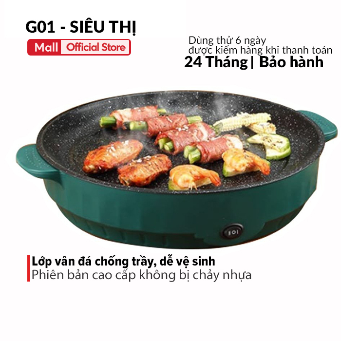 Chảo chống dính nướng điện mini chiên, xào 2 nấc G01 ngắt điện an toàn công xuất lớn vân đá tiện lợi vệ sinh 26cm