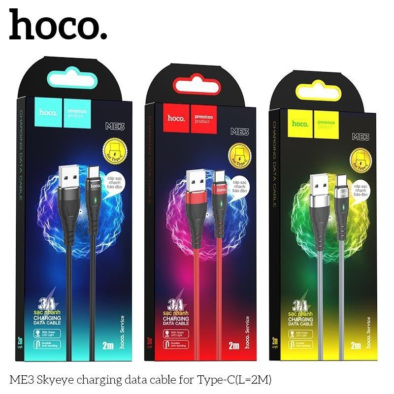 Cáp Sạc Hoco. Dây Dù ME3 3A Cho Type-C Có Led Dây Dài 2M