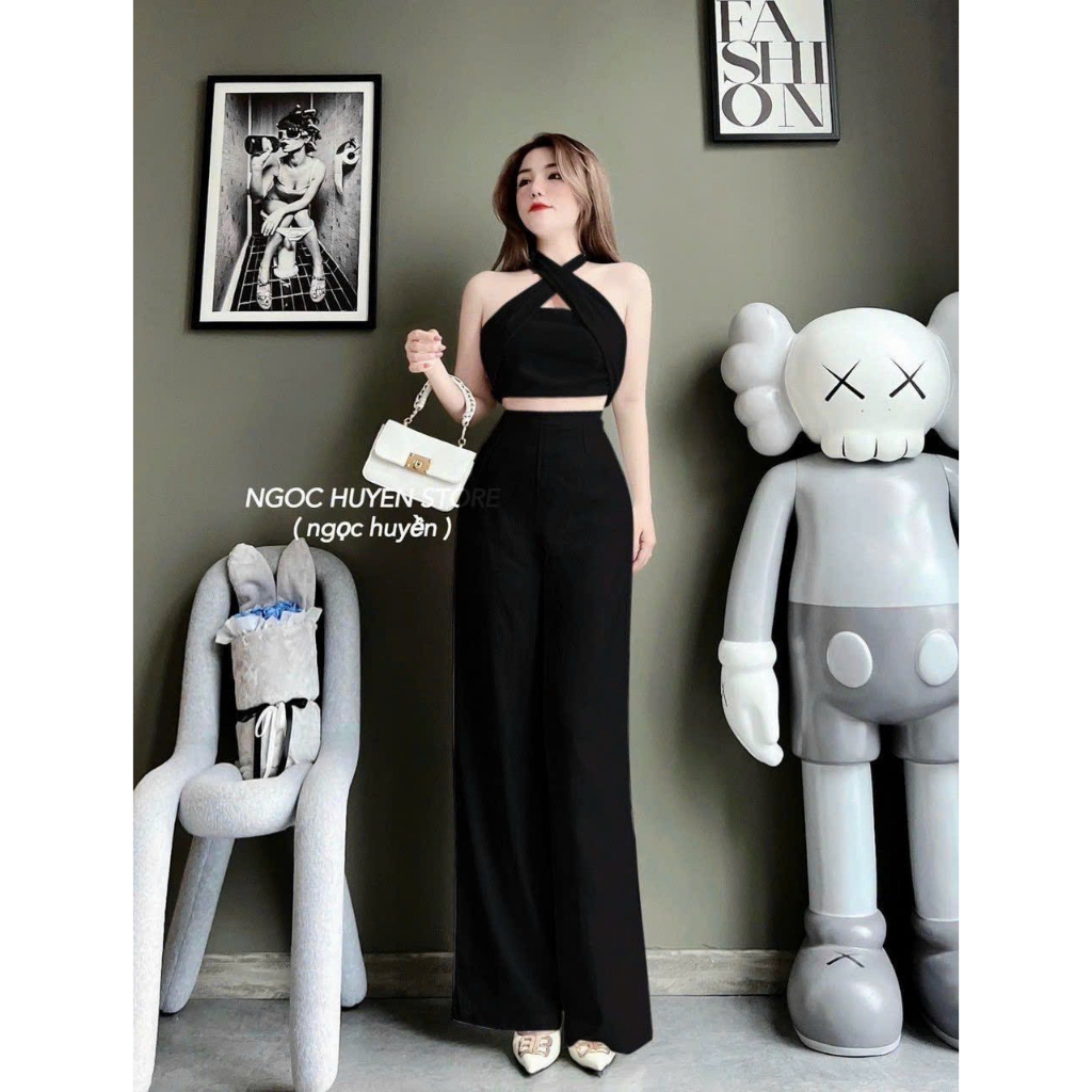 SET BỘ ĐI CHƠI 2 MÓN, ÁO CROPTOP DÂY CHÉO PHỐI QUẦN DÀI ỐNG RỘNG SANG CHẢNH