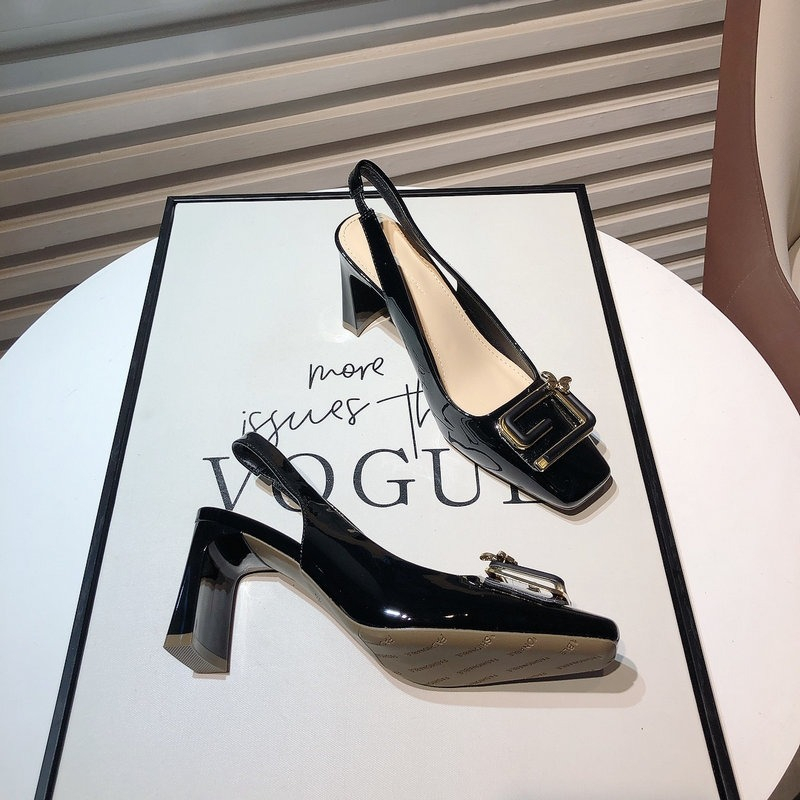 Giày cao gót quai da bóng cao cấp gót vuông 7cm quai chun ôm chân full hộp