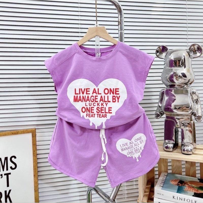 Bộ tay hến bé gái hình gấu tim chất cotton mịn mát co dãn 20-45kg