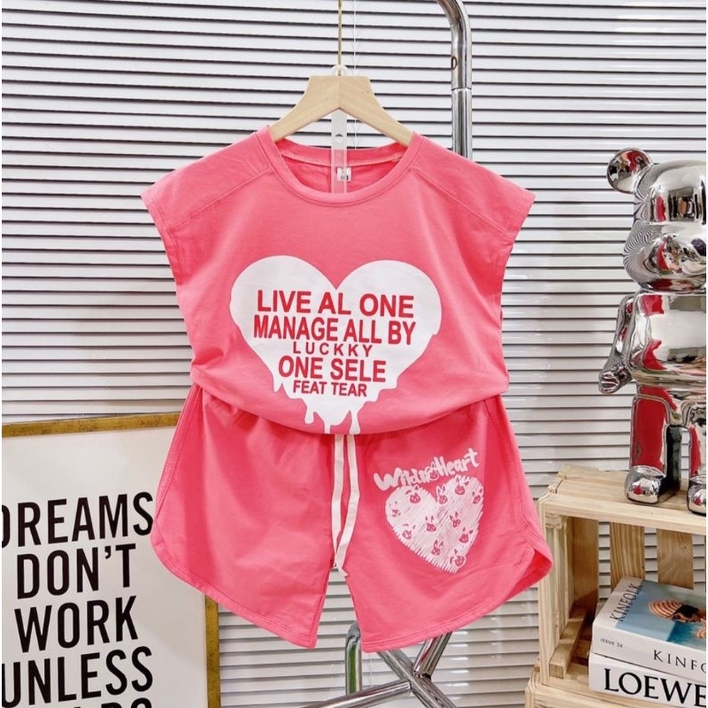 Bộ tay hến bé gái hình gấu tim chất cotton mịn mát co dãn 20-45kg