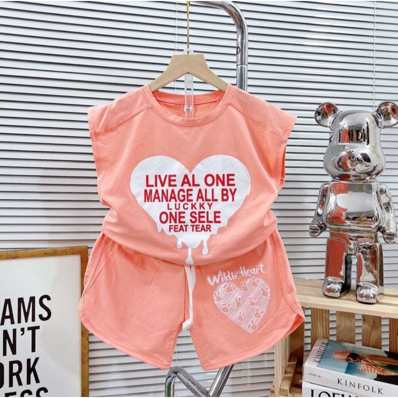 Bộ tay hến bé gái hình gấu tim chất cotton mịn mát co dãn 20-45kg