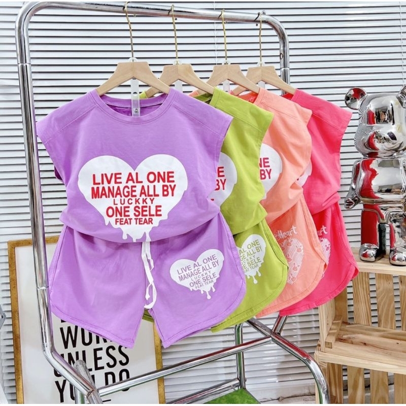 Bộ tay hến bé gái hình gấu tim chất cotton mịn mát co dãn 20-45kg
