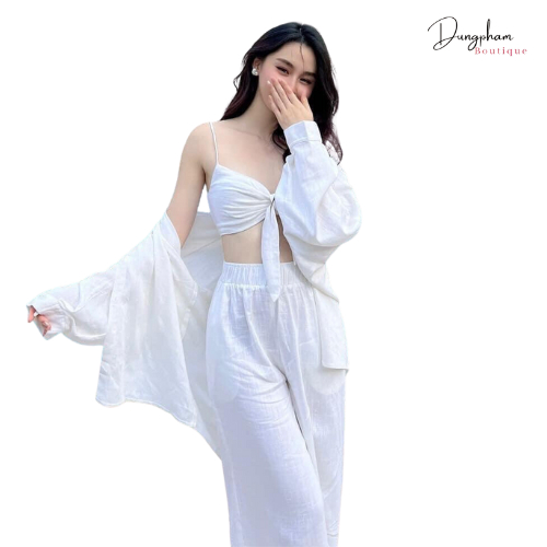 Set đũi 3 món áo trong dây buộc nơ ngực + quần xuông kèm áo choàng - Dungpham