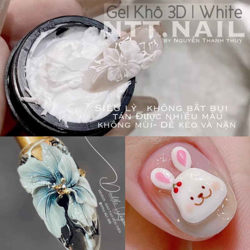 Hũ gel khô 5D trắng nặn hoa nổi, charm thú