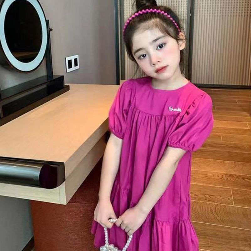 Đầm Cotton, Váy Bé Gái Tay Phồng Dáng Rộng Màu Trơn Đơn Giản Cho Bé , Màu Sắc Hồng Đậm Chất Siêu Mát Thấm Hút Mồ Hôi