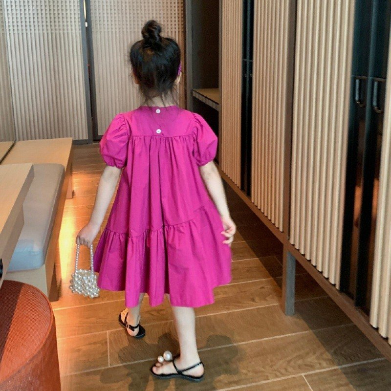 Đầm Cotton, Váy Bé Gái Tay Phồng Dáng Rộng Màu Trơn Đơn Giản Cho Bé , Màu Sắc Hồng Đậm Chất Siêu Mát Thấm Hút Mồ Hôi
