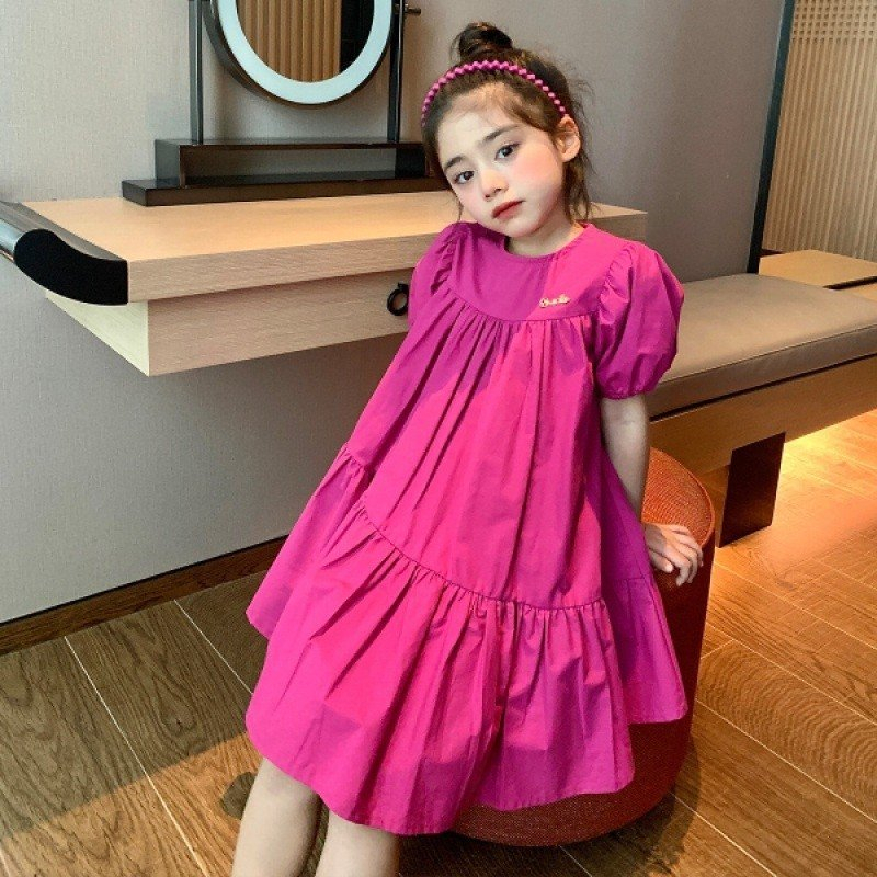 Đầm Cotton, Váy Bé Gái Tay Phồng Dáng Rộng Màu Trơn Đơn Giản Cho Bé , Màu Sắc Hồng Đậm Chất Siêu Mát Thấm Hút Mồ Hôi