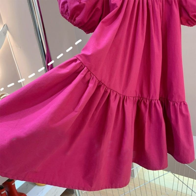 Đầm Cotton, Váy Bé Gái Tay Phồng Dáng Rộng Màu Trơn Đơn Giản Cho Bé , Màu Sắc Hồng Đậm Chất Siêu Mát Thấm Hút Mồ Hôi