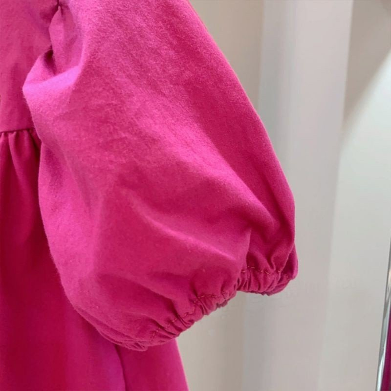 Đầm Cotton, Váy Bé Gái Tay Phồng Dáng Rộng Màu Trơn Đơn Giản Cho Bé , Màu Sắc Hồng Đậm Chất Siêu Mát Thấm Hút Mồ Hôi