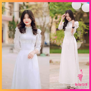 Áo Dài Trắng Truyền Thống Nữ 4 Tà Vải Tơ Óng Tay Bồng Hàng May Sẵn