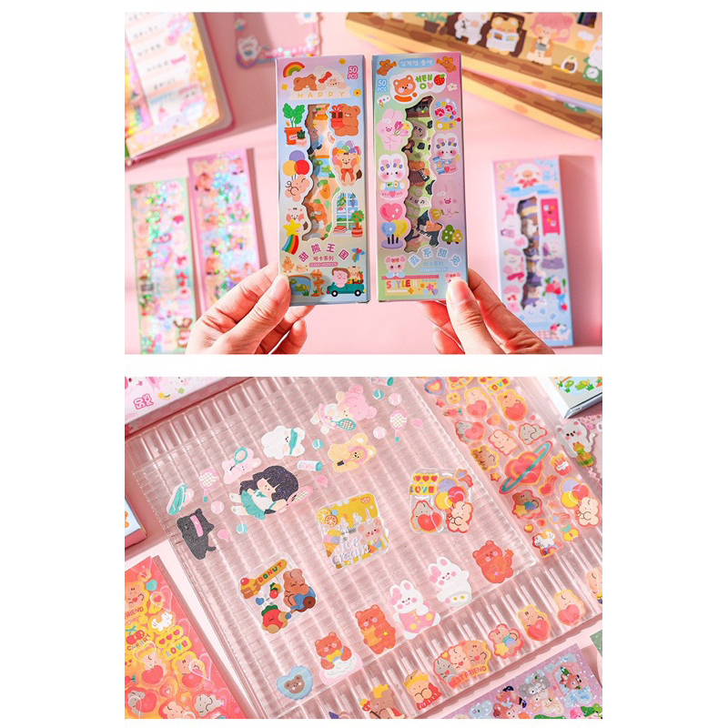Hộp 50 Tấm Hình Dán Dài Sticker Nhũ Kim Tuyến Lấp Lánh Cute Trang Trí Sổ Móc Khóa ĐT