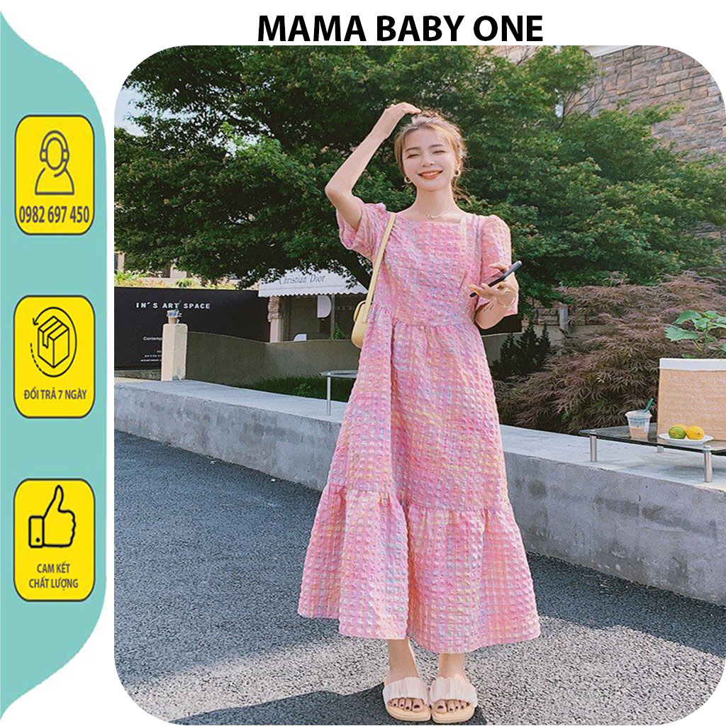 VÁY ĐẦM BẦU CÔNG SỞ DƯ TIỆC-ĐÂM BẦU BABAYDOLL KẺ CARO HỒNG DÁNG DÀI XÒE ĐIỆU ĐEP HÀNG THIẾT KẾ CỰC XINH