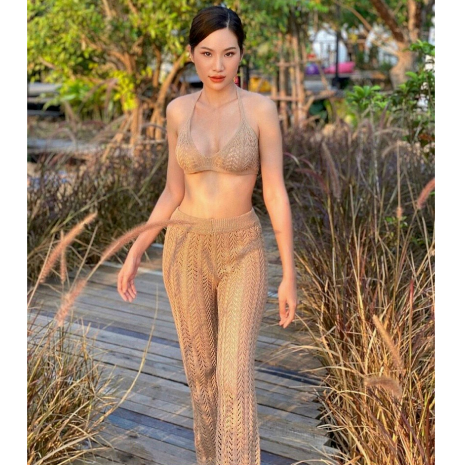 Set Áo ren bikini đính ốc phối quần ren dài ống rộng thời trang thiết kế đi biển du lịch gợi cảm quyến rũ sang chảnh LEV