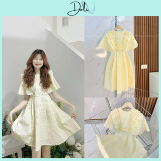 Váy Xốp Phối Viền Bèo Tay Cánh Tiên, Đầm Dự Tiệc Dáng Xoè Chất Liệu Gấm Xốp