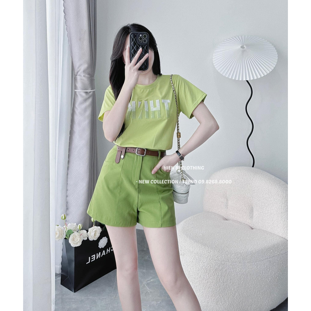 Set Bộ Quần Đùi Nữ Áo Phông Chữ Think Short Tay Mix Quần Sooc Đùi Kaki Kèm Đai