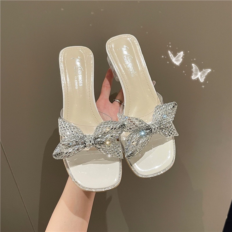 Guốc cao gót nữ đế vuông 3cm quai trong đính nơ đá hottrend 2023 VINA STORE mã G02