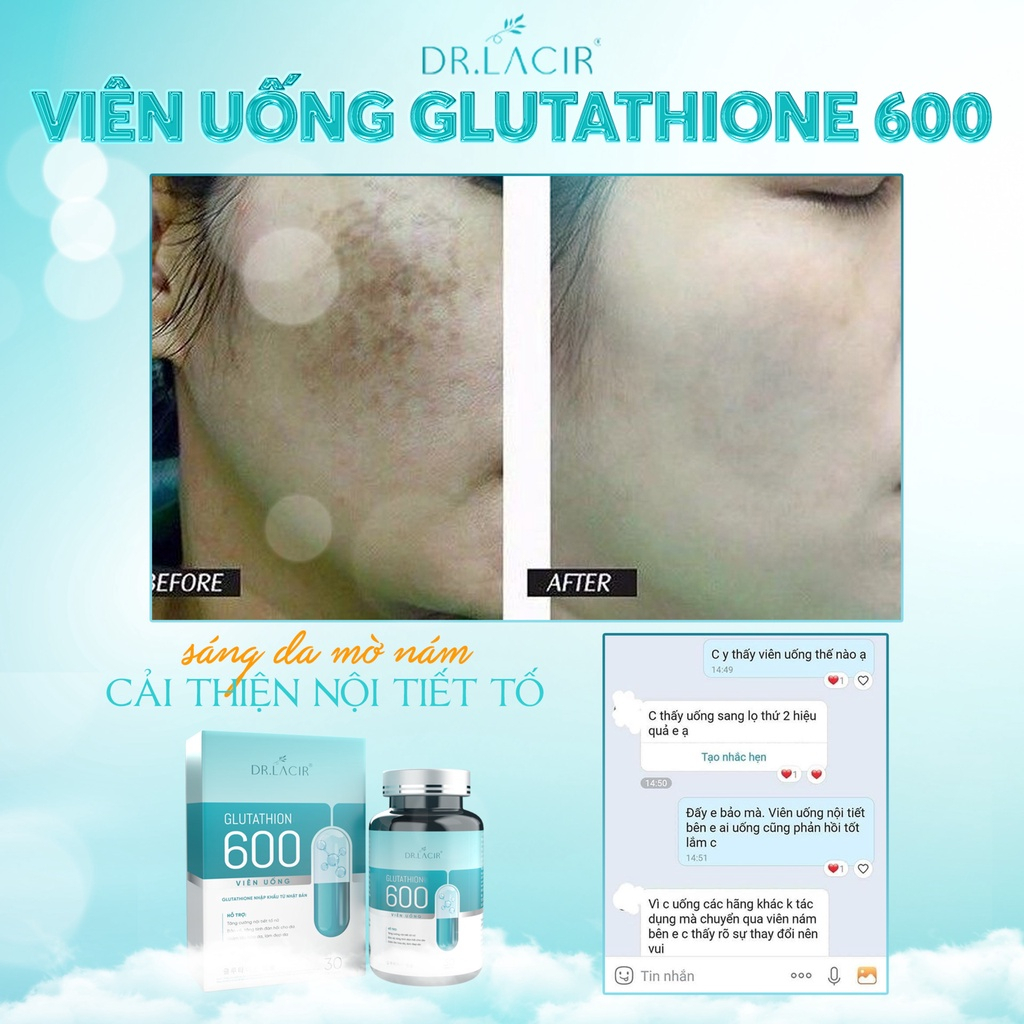 Glutathione 600 Dr Lacir viên uống trắng da chính hãng giảm thâm nám, cân bằng nội tiết tố nữ - hộp 30 viên LM05