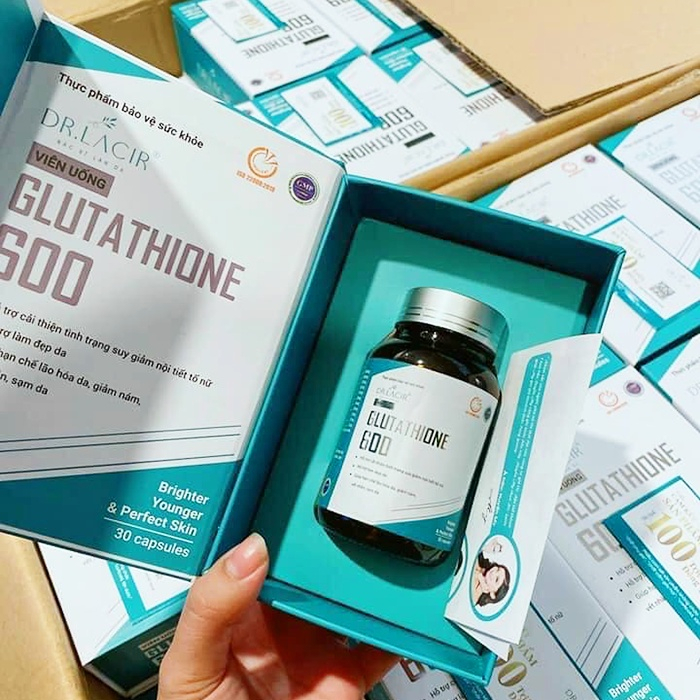 Glutathione 600 Dr Lacir viên uống trắng da chính hãng giảm thâm nám, cân bằng nội tiết tố nữ - hộp 30 viên LM05