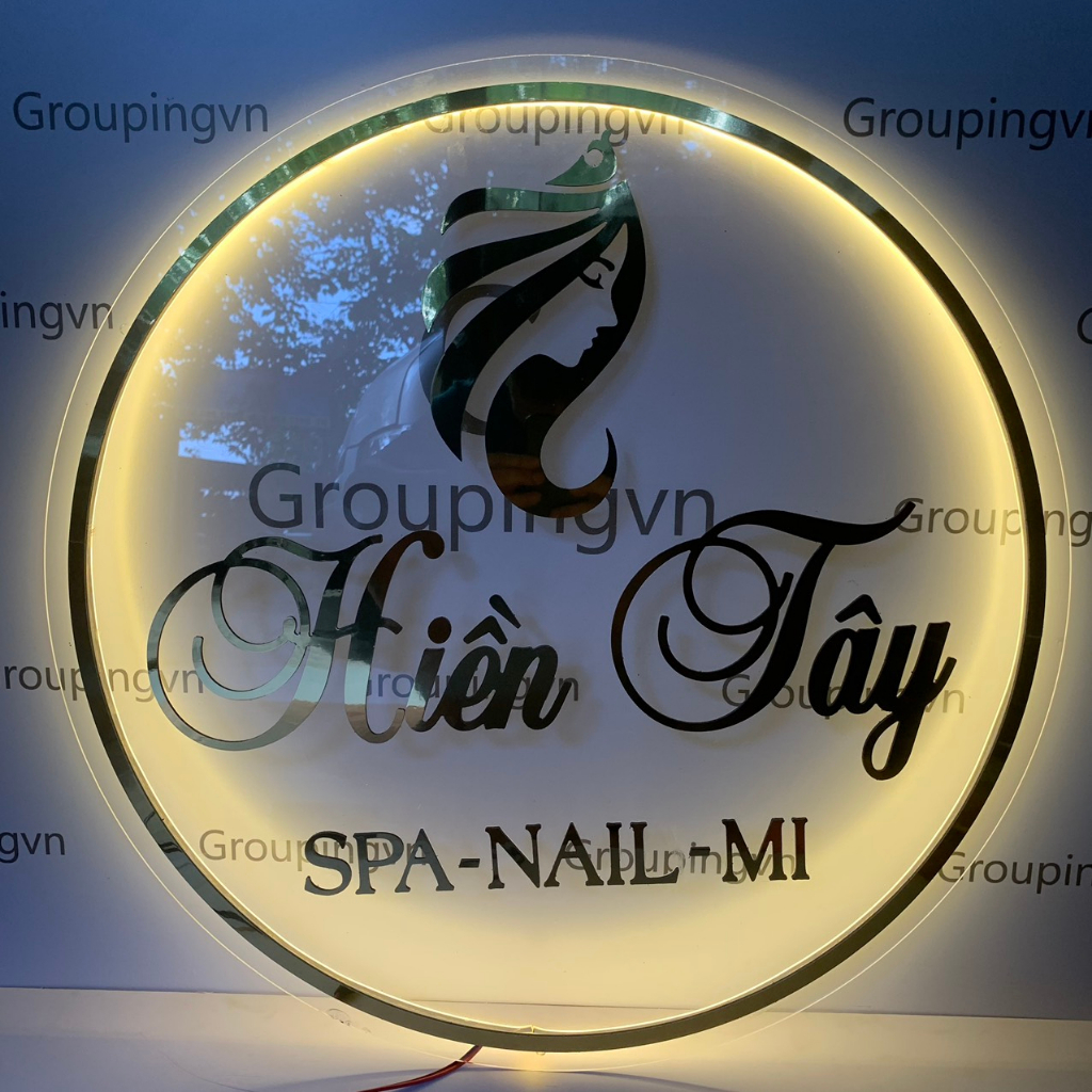 Bảng hiệu mica logo dán Alu theo yêu cầu, có gắn led neon phát sáng sử dụng decor spa, văn phòng, quán cà phê