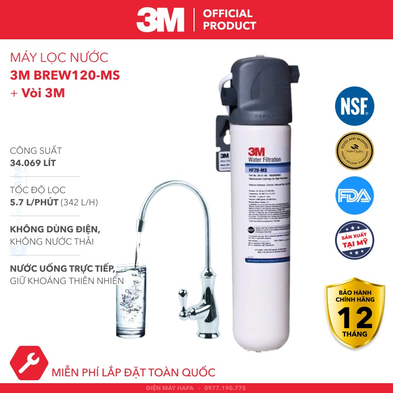 Máy Lọc Nước 3M BREW120-MS Chuẩn Nước Uống Trực Tiếp, Không Dùng Điện, BREW120MS - Nhập Khẩu Mỹ, Hàng Chính Hãng 3M