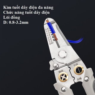 Kìm tuốt dây điện ép cos đa năng 9 trong 1, Kìm điện đa năng Thép gió HSS, tước dây 4mm, Lò xo ẩn
