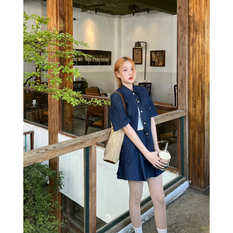 SET SƠ MI JEAN TÚI + CHÂN VÁY XẾP XOÈ - Hàng Có Sẵn