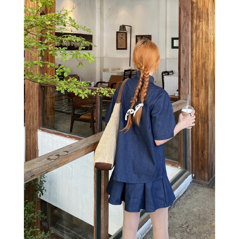 SET SƠ MI JEAN TÚI + CHÂN VÁY XẾP XOÈ - Hàng Có Sẵn