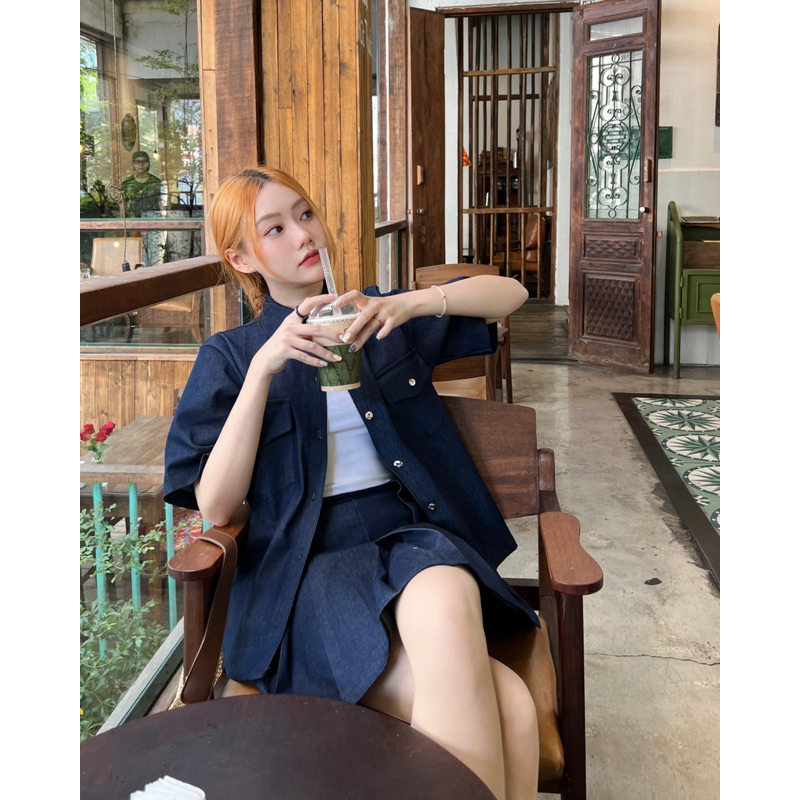SET SƠ MI JEAN TÚI + CHÂN VÁY XẾP XOÈ - Hàng Có Sẵn