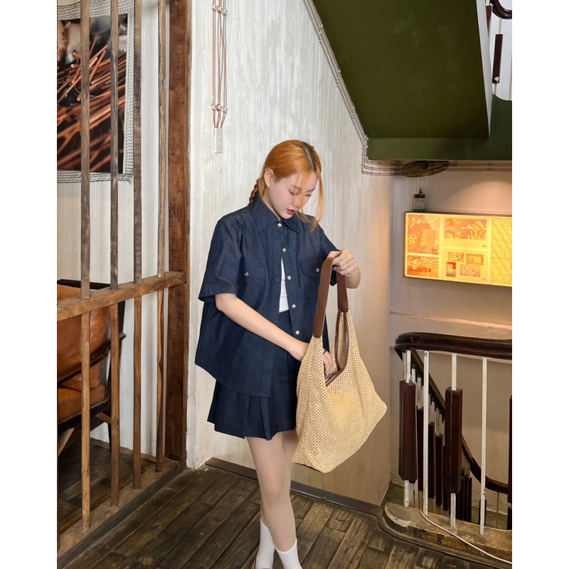 SET SƠ MI JEAN TÚI + CHÂN VÁY XẾP XOÈ - Hàng Có Sẵn