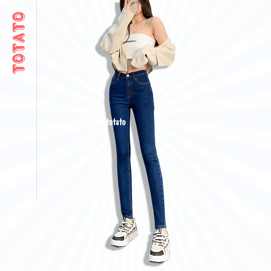 Quần jean nữ ống bó dáng ôm chất co giãn có túi , quần bò nữ cạp cao ôm bigsize trơn dài basic J202