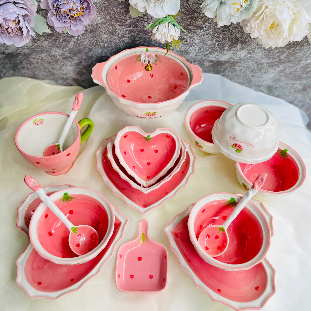 Bộ bát đĩa sứ tim dâu hồng siêu xinh, Bát ăn cơm, Chén dĩa dễ thương