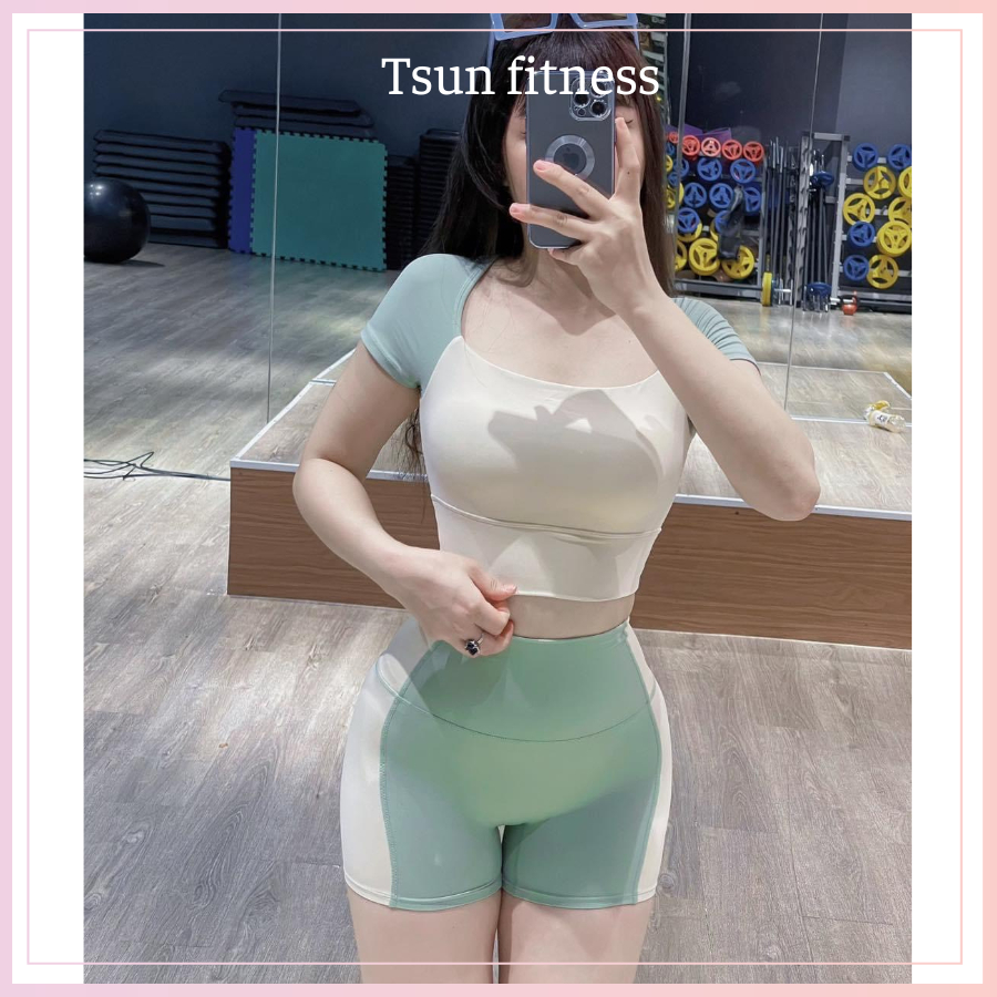 Bộ thể thao nữ, set tập yoga gym áo croptop có mút ngực quần đùi tập gym nữ lửng