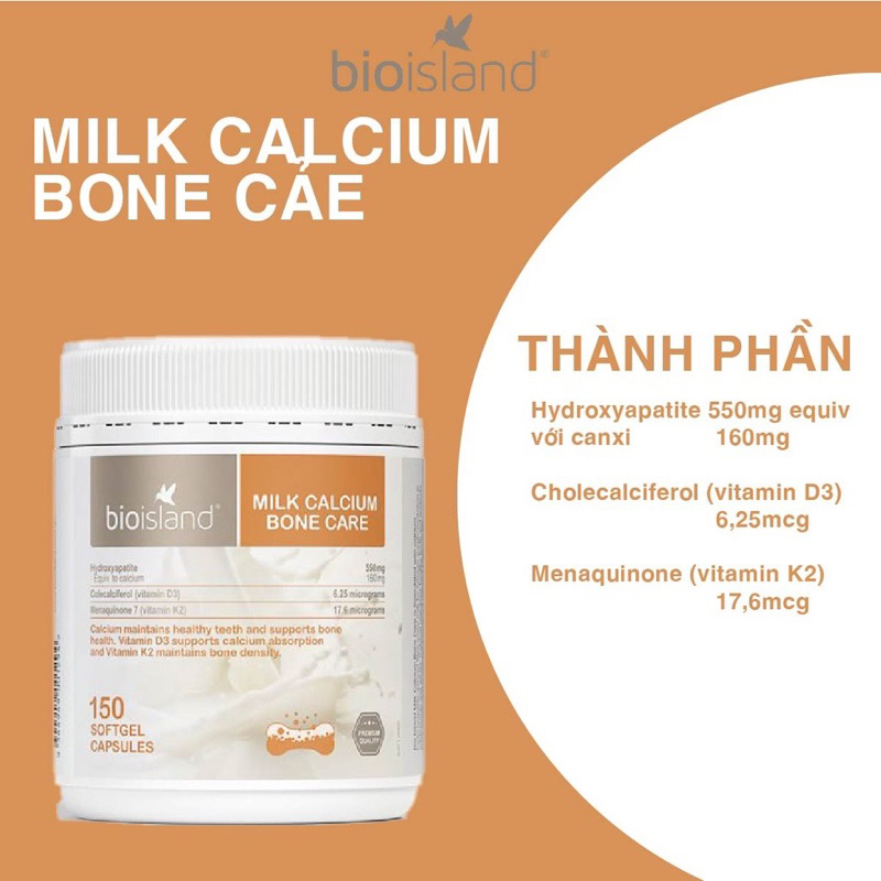 Canxi sữa bioisland 150 viên - Canxi milk bone care cho người trưởng thành, phụ nữ bầu,  phụ nữ cho con bú