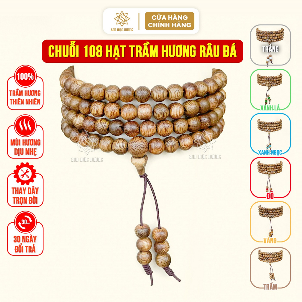 Chuỗi vòng tay 108 hạt trầm hương Sơn Mộc Hương râu đá màu theo mệnh