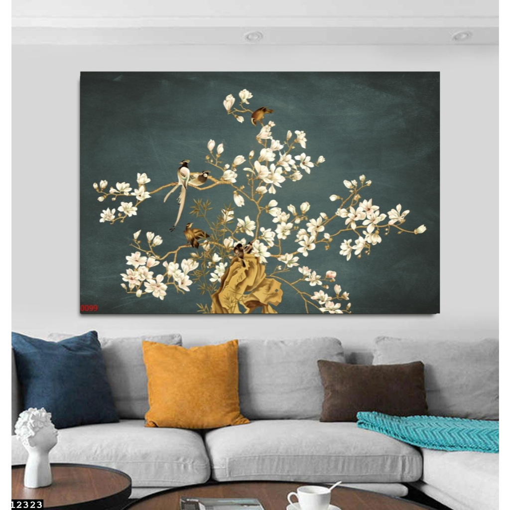 Tranh canvas treo đôi chim trên cành hoa tông xanh cổ điển
