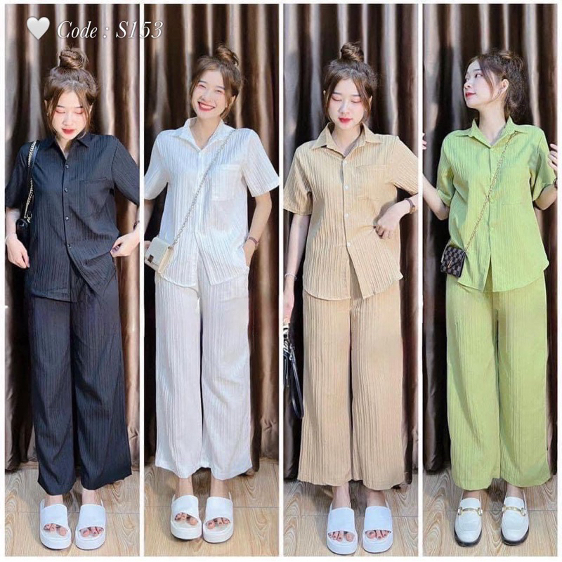 Set Bộ Áo Sơ Mi Quần Dài suông Thun gân Đũa