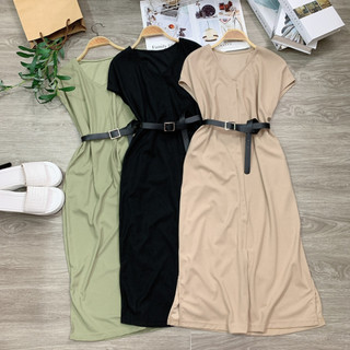 Đầm Thun Korea Kiểu Dáng Suông Xẻ Tà Cổ Trái Tim Dây Lưng Thắt Thời Trang - Nhím Xù Shop