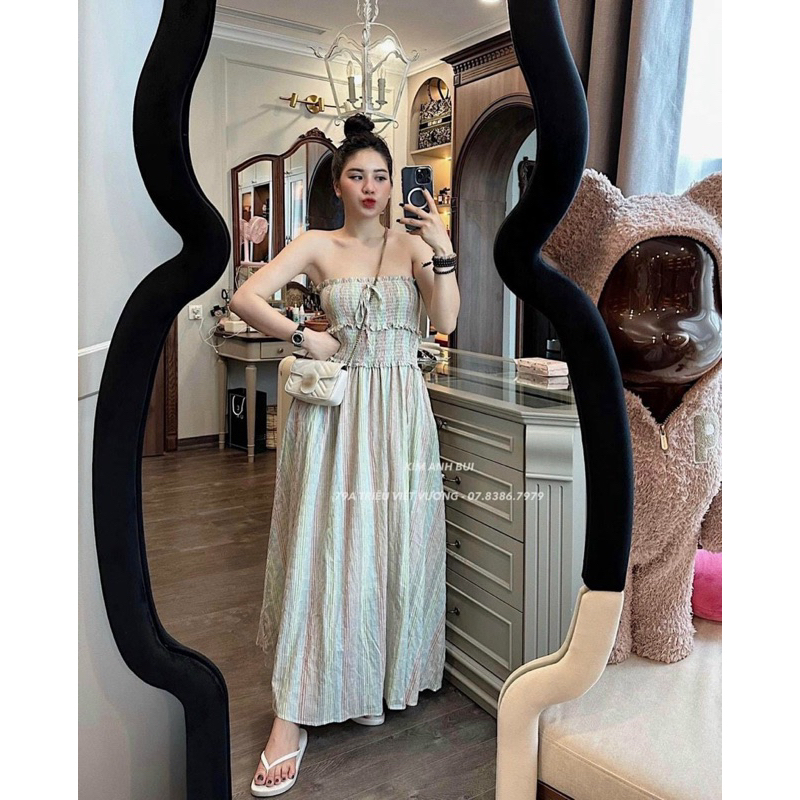 Đầm 2 dây buộc nơ chun ngực dáng dài xoè cực xinh