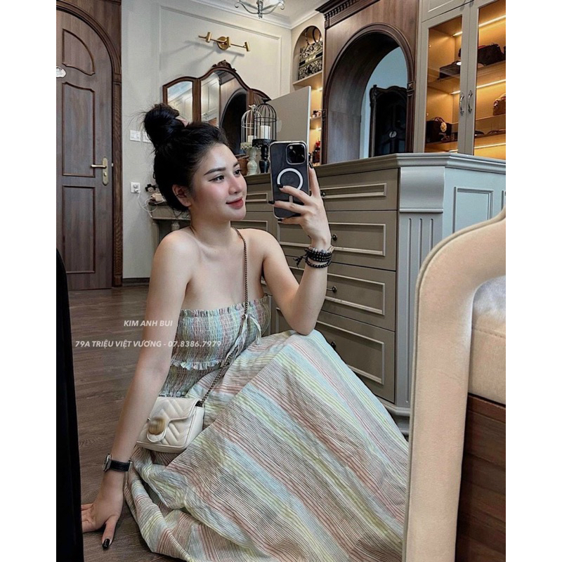 Đầm 2 dây buộc nơ chun ngực dáng dài xoè cực xinh