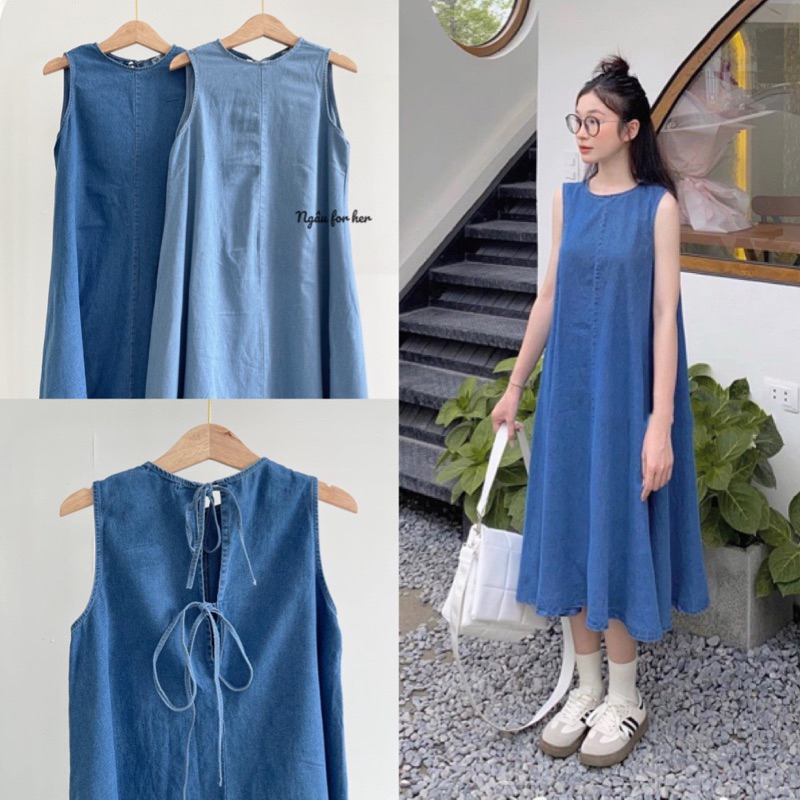 Váy jeans suông- Đầm babydoll jeans dài[ Ngâu clothes shop chụp cận chất]